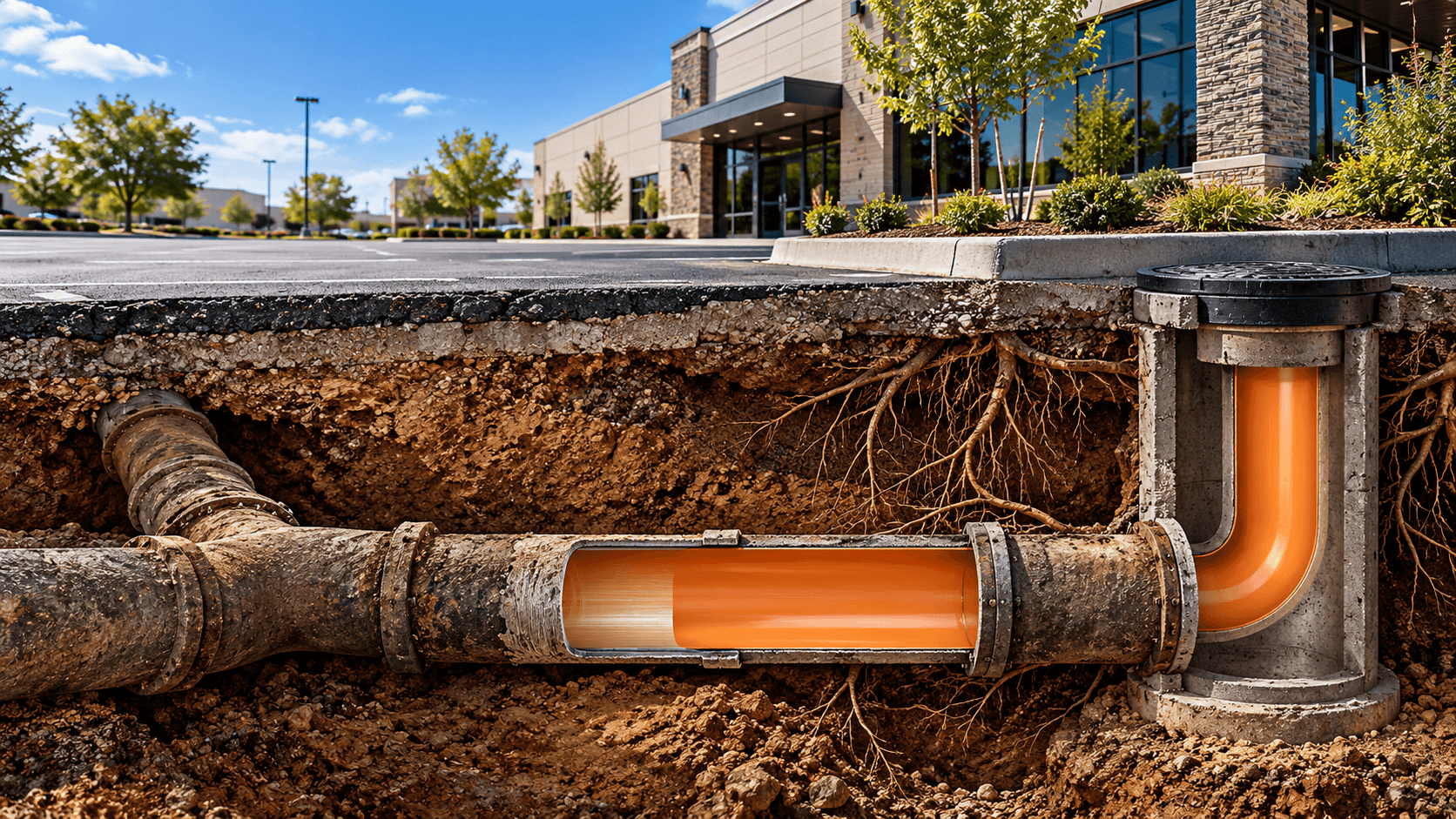Illustrative commercial property cross-section showing a rehabilitated underground drainage pipe beneath pavement